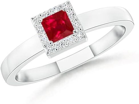 Angara Natural Square Ruby Halo Promise Ring with Diamonds in 14K Solid Gold/Platinum for Women | July Birthstone Jewelry in Saudi Arabia