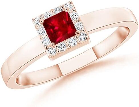 Angara Natural Square Ruby Halo Promise Ring with Diamonds in 14K Solid Gold/Platinum for Women | July Birthstone Jewelry in Saudi Arabia