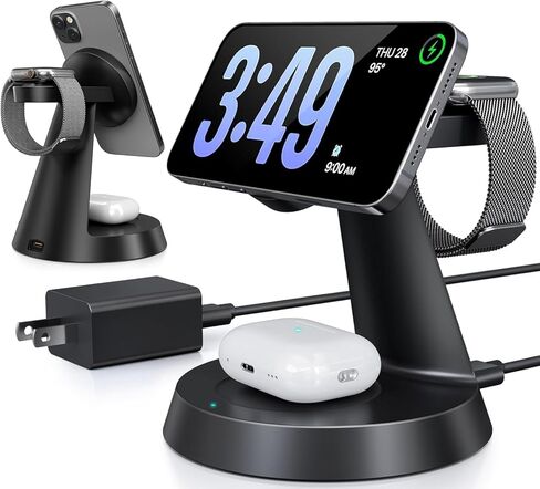 محطة شحن 3 في 1 لأجهزة Apple، شاحن لاسلكي متوافق مع Magsafe، حامل شاحن مغناطيسي سريع لسلسلة iPhone 16 15 14 13 12، وAirPods، وiWatch in Saudi Arabia