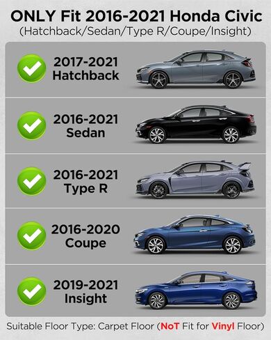 سجادات أرضية السيارة لهوندا سيفيك: 2016 2017 2018 2019 2020 2021 بطانة أرضية مطاطية مناسبة لجميع الأحوال الجوية، سجادة أمامية وخلفية مخصصة مناسبة للجيل العاشر بأربعة أبواب سيدان هاتشباك من النوع R Insight | 2 باب كوبيه in Kuwait