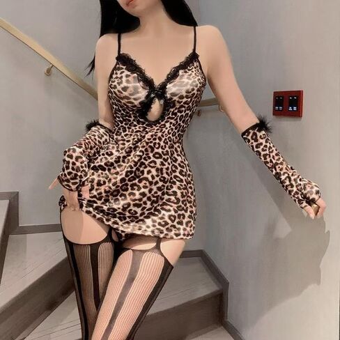 Sexy Lingerie for Women Naughty Lingerie Set Leopard Print Bodysuit Outfits Teddy Sheer Mesh Erotic Without Stockings（ One Size） in Saudi Arabia