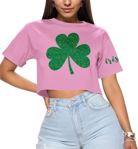 For G and PL Women's St. Patrick's Day Crop Top Short Sleeve Crewneck Shamrock Irish Print Top XS - XL in Saudi Arabia