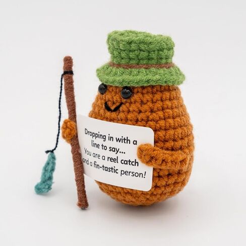Handmade Crochet Potato Plush Decor Fisherman Fisherwoman with Bucket Hat and Fishing Rod, Small Yarn Collectible, Birthday Gift Present Desktop Decoration, Funny Positive Emotional Support, Ages 13+ in Saudi Arabia