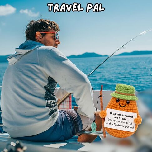 Handmade Crochet Potato Plush Decor Fisherman Fisherwoman with Bucket Hat and Fishing Rod, Small Yarn Collectible, Birthday Gift Present Desktop Decoration, Funny Positive Emotional Support, Ages 13+ in Saudi Arabia