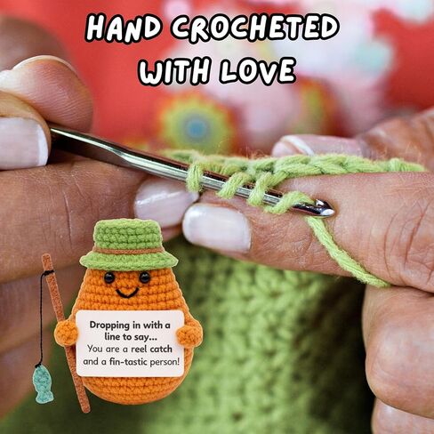 Handmade Crochet Potato Plush Decor Fisherman Fisherwoman with Bucket Hat and Fishing Rod, Small Yarn Collectible, Birthday Gift Present Desktop Decoration, Funny Positive Emotional Support, Ages 13+ in Saudi Arabia