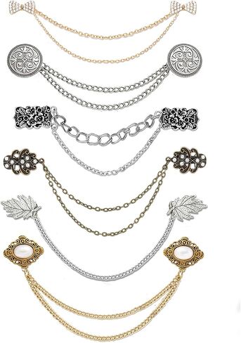 Akeoqi 6 قطع خمر سترة شال سلسلة مقاطع الرجعية Bowknot حجر الراين زر ورقة اللؤلؤ زهرة نمط بروش دبابيس للنساء الرجال دعوى قميص سترة عباءة اللباس طية صدر السترة طوق المشبك مع سلسلة معلقة in Kuwait