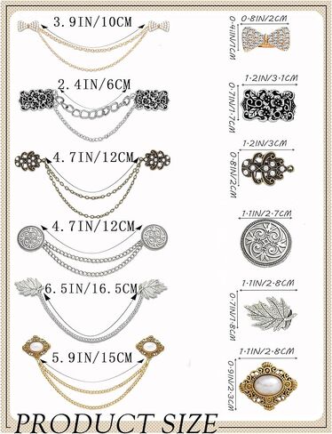 Akeoqi 6 قطع خمر سترة شال سلسلة مقاطع الرجعية Bowknot حجر الراين زر ورقة اللؤلؤ زهرة نمط بروش دبابيس للنساء الرجال دعوى قميص سترة عباءة اللباس طية صدر السترة طوق المشبك مع سلسلة معلقة in Kuwait