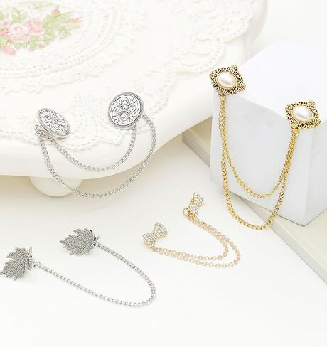 Akeoqi 6 قطع خمر سترة شال سلسلة مقاطع الرجعية Bowknot حجر الراين زر ورقة اللؤلؤ زهرة نمط بروش دبابيس للنساء الرجال دعوى قميص سترة عباءة اللباس طية صدر السترة طوق المشبك مع سلسلة معلقة in Kuwait