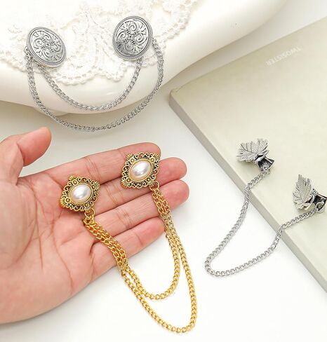 Akeoqi 6 قطع خمر سترة شال سلسلة مقاطع الرجعية Bowknot حجر الراين زر ورقة اللؤلؤ زهرة نمط بروش دبابيس للنساء الرجال دعوى قميص سترة عباءة اللباس طية صدر السترة طوق المشبك مع سلسلة معلقة in Kuwait