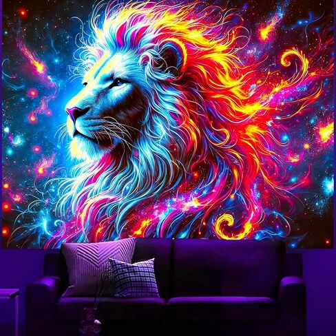 BlissYard Blacklight Lion نسيج 78x59 بوصة الأسد تريبي غالاكسي الفضاء نسيج الأشعة فوق البنفسجية رد الفعل توهج في الظلام نسيج غالاكسي الفضاء نسيج الجدار شنقا لديكور المنزل جدار الفن شنقا لغرفة المعيشة in Saudi Arabia