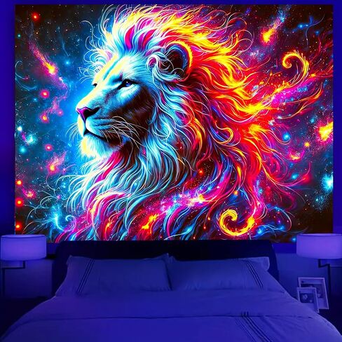 BlissYard Blacklight Lion نسيج 78x59 بوصة الأسد تريبي غالاكسي الفضاء نسيج الأشعة فوق البنفسجية رد الفعل توهج في الظلام نسيج غالاكسي الفضاء نسيج الجدار شنقا لديكور المنزل جدار الفن شنقا لغرفة المعيشة in Saudi Arabia