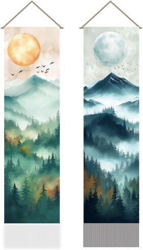 AHANDMAKER 2Pcs Oriental Theme Tapestry, Forest Sun and Moon Long Vertical Wall Hanging, Tassel Wall Tapestry Mystic Aesthetic Decorations for Bedroom and Living Room(45.7x13 Inch) in Saudi Arabia