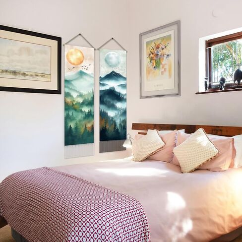 AHANDMAKER 2Pcs Oriental Theme Tapestry, Forest Sun and Moon Long Vertical Wall Hanging, Tassel Wall Tapestry Mystic Aesthetic Decorations for Bedroom and Living Room(45.7x13 Inch) in Saudi Arabia