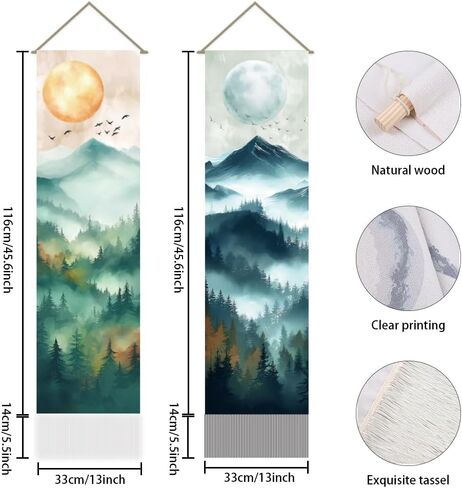 AHANDMAKER 2Pcs Oriental Theme Tapestry, Forest Sun and Moon Long Vertical Wall Hanging, Tassel Wall Tapestry Mystic Aesthetic Decorations for Bedroom and Living Room(45.7x13 Inch) in Saudi Arabia
