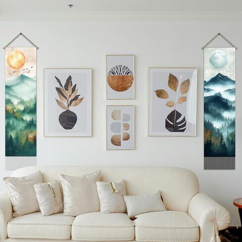 AHANDMAKER 2Pcs Oriental Theme Tapestry, Forest Sun and Moon Long Vertical Wall Hanging, Tassel Wall Tapestry Mystic Aesthetic Decorations for Bedroom and Living Room(45.7x13 Inch) in Saudi Arabia