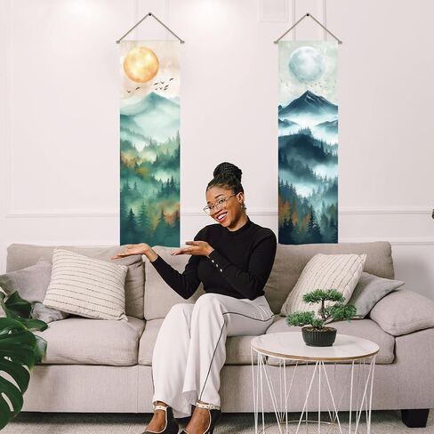 AHANDMAKER 2Pcs Oriental Theme Tapestry, Forest Sun and Moon Long Vertical Wall Hanging, Tassel Wall Tapestry Mystic Aesthetic Decorations for Bedroom and Living Room(45.7x13 Inch) in Saudi Arabia