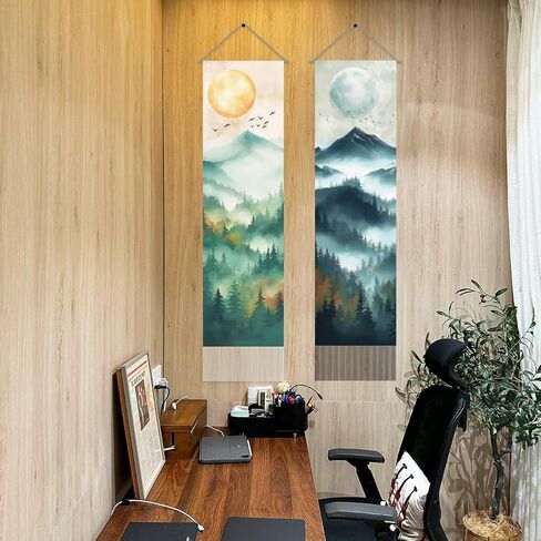 AHANDMAKER 2Pcs Oriental Theme Tapestry, Forest Sun and Moon Long Vertical Wall Hanging, Tassel Wall Tapestry Mystic Aesthetic Decorations for Bedroom and Living Room(45.7x13 Inch) in Saudi Arabia