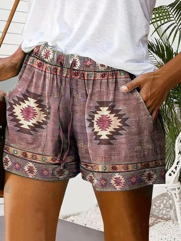 Women's Summer Beach Vacation Boho Tribal Print Elastic Drawstring Comfy High Waist Running with Pockets Shorts in Saudi Arabia
