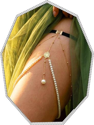 Boho Thigh Chain with Pearl, Gold Elegant Layered Chains Beach Bikini Body Jewelry for Women, Fashion Leg Accessory with Beaded Design in Saudi Arabia