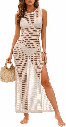 Yousify Womens Swimsuit Cover Up Crochet Bathing Suit Coverup Tie Back Hollow Out Side Slit Long Bikini Beach Dress in Saudi Arabia
