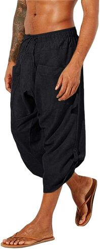 Mens Linen Harem Capri Pants Drawstring 3/4 Shorts Casual Beach Yoga Hippie Thai Pants in Saudi Arabia