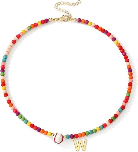 Softball/Soccer/Volleyball/Basketball/Football Necklace Colorful Beaded Initial Necklace Gifts for Women,Sport Accessories Letter Pendant Birthday Jewelry Gifts in Kuwait