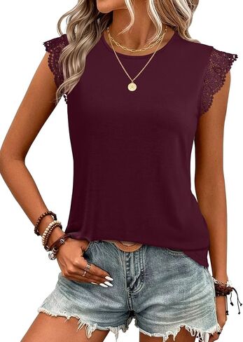 JUSTFASHIONNOW Womens Sleeveless Lace Trim Tops Flutter Ruffle Cap Sleeve Blouses Dressy Summer Casual T-Shirt in Kuwait