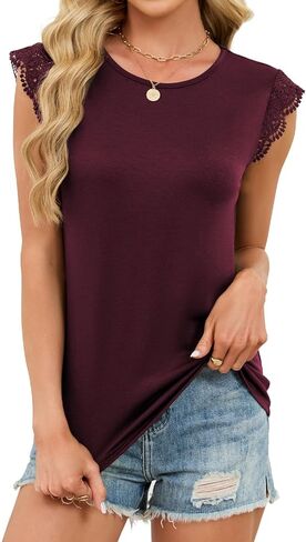JUSTFASHIONNOW Womens Sleeveless Lace Trim Tops Flutter Ruffle Cap Sleeve Blouses Dressy Summer Casual T-Shirt in Saudi Arabia