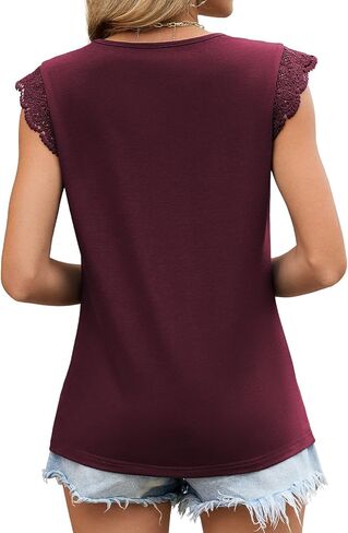 JUSTFASHIONNOW Womens Sleeveless Lace Trim Tops Flutter Ruffle Cap Sleeve Blouses Dressy Summer Casual T-Shirt in Saudi Arabia