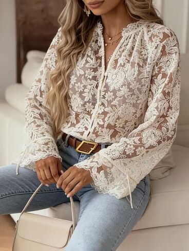 Women's Bohemian Lace Embroidery Blouse,Semi-Sheer Long Sleeve V-Neck Casual Cover Up for Vacation & Music Festival in Saudi Arabia