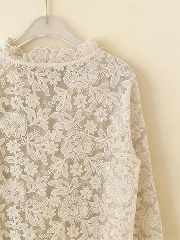 Women's Bohemian Lace Embroidery Blouse,Semi-Sheer Long Sleeve V-Neck Casual Cover Up for Vacation & Music Festival in Saudi Arabia