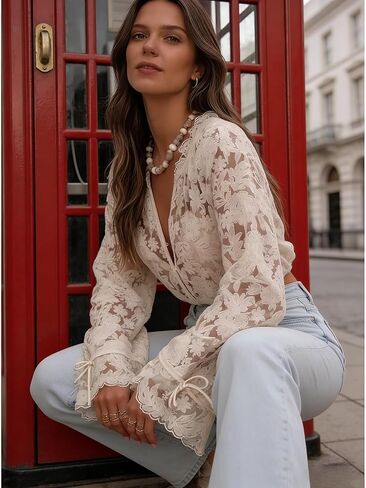 Women's Bohemian Lace Embroidery Blouse,Semi-Sheer Long Sleeve V-Neck Casual Cover Up for Vacation & Music Festival in Saudi Arabia