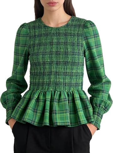 Bozanly Womens Smocked Ruffle Hem Plaid Boluse Vintage Long Lanter Sleeve Shirts Peplum Babydoll Tops in Kuwait