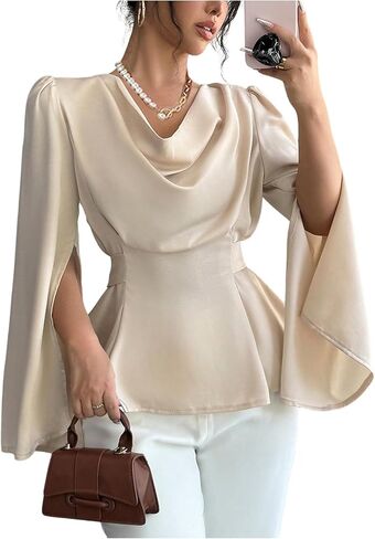 OYOANGLE Women's Satin Cowl Neck Split Long Sleeve Blouse Elegant Peplum Tops Dressy Casual Shirt in Saudi Arabia