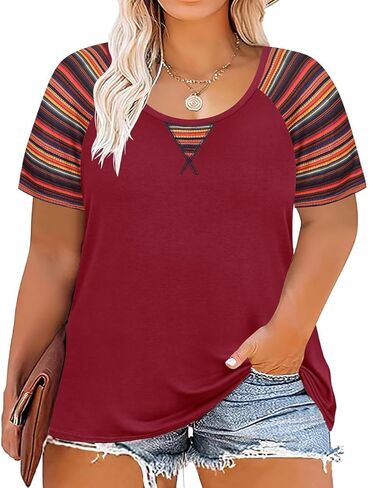 TIYOMI Plus Size T Shirt Tunic Tee Color Block Crewneck Raglan Summer Short Sleeve Tee XL-5XL in Saudi Arabia