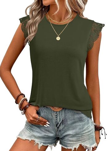 JUSTFASHIONNOW Womens Sleeveless Lace Trim Tops Flutter Ruffle Cap Sleeve Blouses Dressy Summer Casual T-Shirt in Saudi Arabia