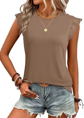 JUSTFASHIONNOW Womens Sleeveless Lace Trim Tops Flutter Ruffle Cap Sleeve Blouses Dressy Summer Casual T-Shirt in Saudi Arabia