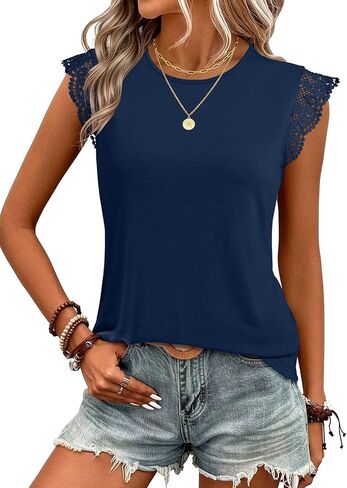 JUSTFASHIONNOW Womens Sleeveless Lace Trim Tops Flutter Ruffle Cap Sleeve Blouses Dressy Summer Casual T-Shirt in Saudi Arabia