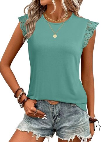 JUSTFASHIONNOW Womens Sleeveless Lace Trim Tops Flutter Ruffle Cap Sleeve Blouses Dressy Summer Casual T-Shirt in Saudi Arabia