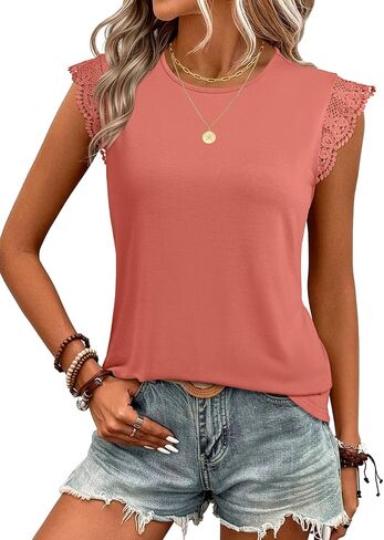 JUSTFASHIONNOW Womens Sleeveless Lace Trim Tops Flutter Ruffle Cap Sleeve Blouses Dressy Summer Casual T-Shirt in Saudi Arabia