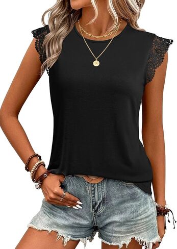 JUSTFASHIONNOW Womens Sleeveless Lace Trim Tops Flutter Ruffle Cap Sleeve Blouses Dressy Summer Casual T-Shirt in Saudi Arabia