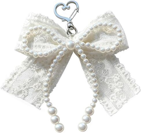 White Lace Pearl Bow Keychain Charms Pearl Beaded Keychain Accessories Heart Clasp Bowknot Key Chains Women Cute Keychains for Women Purse Charms for Handbags Car Key Chain Bag Charm Backpack Charm in Saudi Arabia