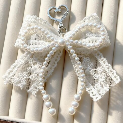 White Lace Pearl Bow Keychain Charms Pearl Beaded Keychain Accessories Heart Clasp Bowknot Key Chains Women Cute Keychains for Women Purse Charms for Handbags Car Key Chain Bag Charm Backpack Charm in Saudi Arabia
