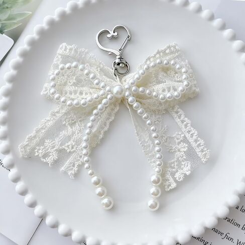 White Lace Pearl Bow Keychain Charms Pearl Beaded Keychain Accessories Heart Clasp Bowknot Key Chains Women Cute Keychains for Women Purse Charms for Handbags Car Key Chain Bag Charm Backpack Charm in Saudi Arabia