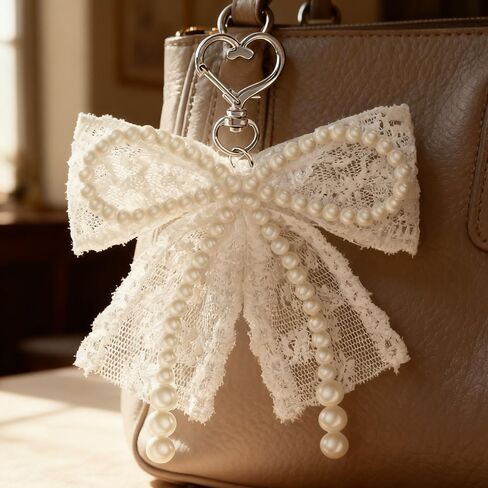 White Lace Pearl Bow Keychain Charms Pearl Beaded Keychain Accessories Heart Clasp Bowknot Key Chains Women Cute Keychains for Women Purse Charms for Handbags Car Key Chain Bag Charm Backpack Charm in Saudi Arabia
