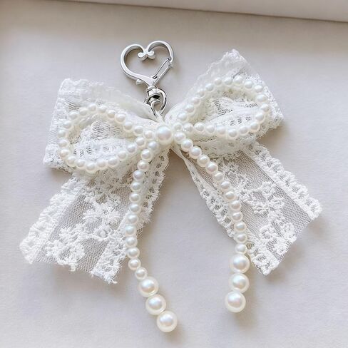 White Lace Pearl Bow Keychain Charms Pearl Beaded Keychain Accessories Heart Clasp Bowknot Key Chains Women Cute Keychains for Women Purse Charms for Handbags Car Key Chain Bag Charm Backpack Charm in Saudi Arabia