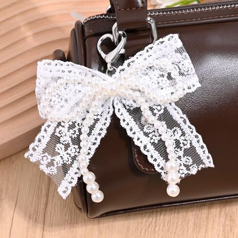 White Lace Pearl Bow Keychain Charms Pearl Beaded Keychain Accessories Heart Clasp Bowknot Key Chains Women Cute Keychains for Women Purse Charms for Handbags Car Key Chain Bag Charm Backpack Charm in Saudi Arabia