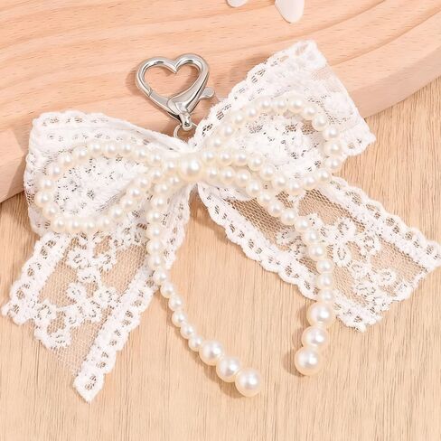 White Lace Pearl Bow Keychain Charms Pearl Beaded Keychain Accessories Heart Clasp Bowknot Key Chains Women Cute Keychains for Women Purse Charms for Handbags Car Key Chain Bag Charm Backpack Charm in Saudi Arabia