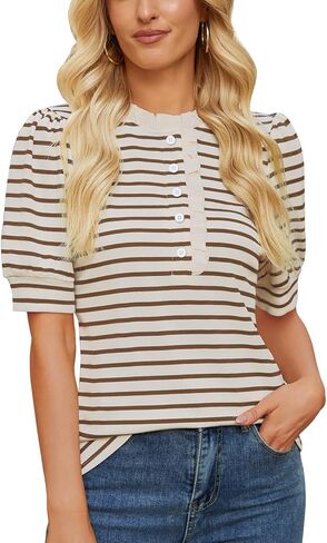 Womens Half Button Down Shirts Summer Ruffle Striped Work Tops Stand Collar Short Puff Sleeve Casual Loose Blouse in Kuwait