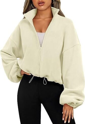 Women’s Cropped Fleece Zip-Up Jacket with High Collar & Drawstring Waist - Casual Loose Fit Short Coat in Saudi Arabia
